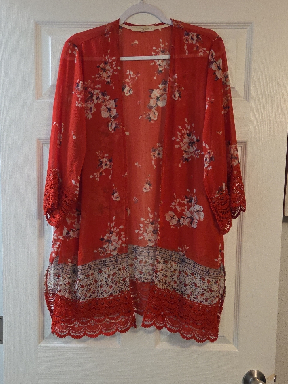 Rewind Coral-Red Floral Sheer Kimono with Crochet Lace